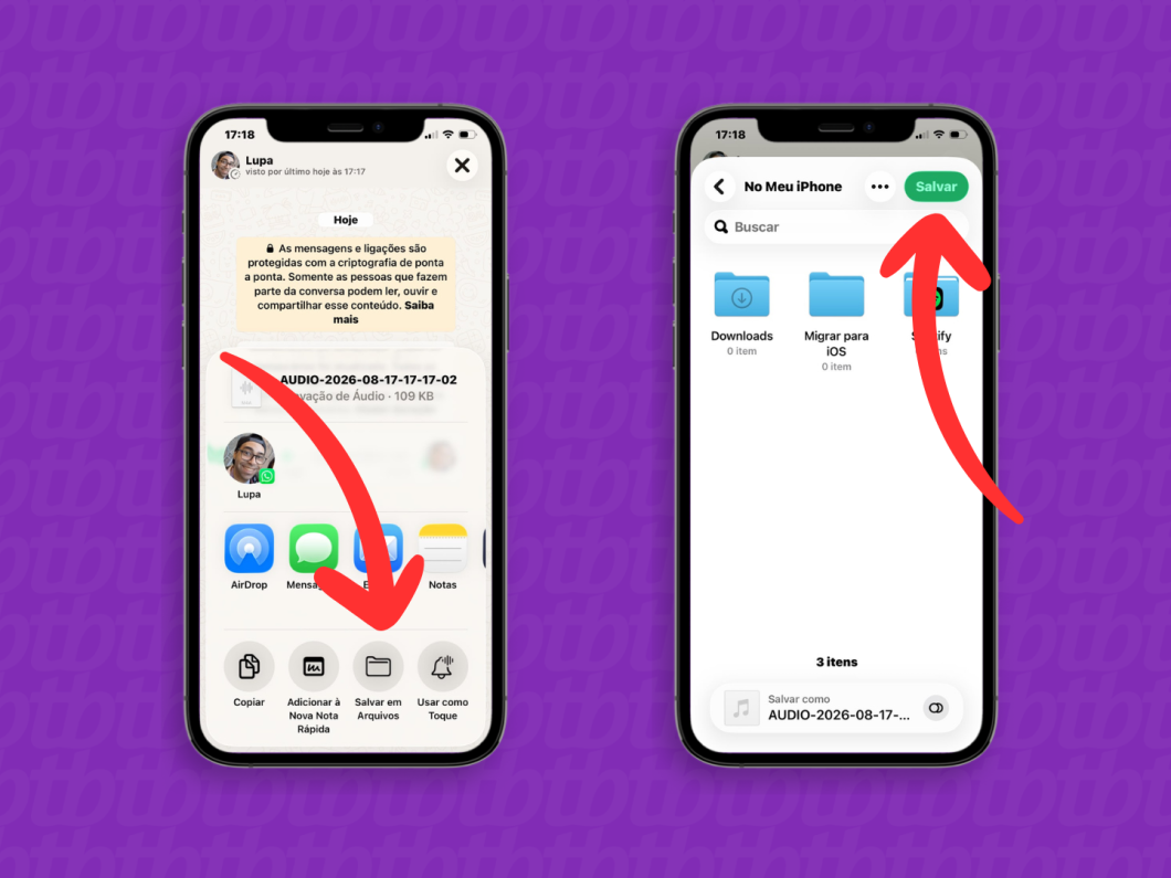 Tela do iPhone mostrando a opção “Salvar em Arquivos” para baixar um áudio do WhatsApp no app Arquivos