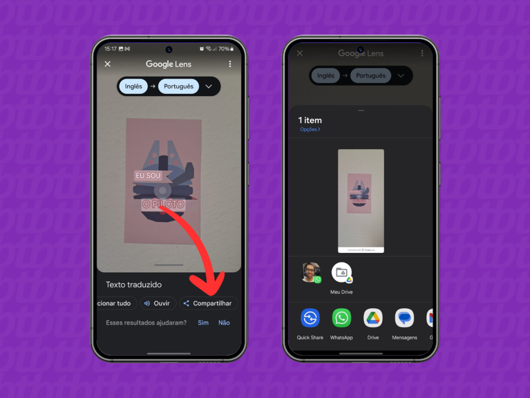 Capturas de tela do aplicativo Google Tradutor mostram como salvar ou compartilhar uma imagem traduzida
