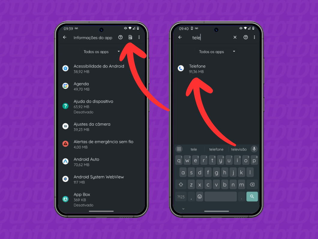Capturas de tela do celular Motorola mostram como acessar as opções do aplicativo "Telefone"
