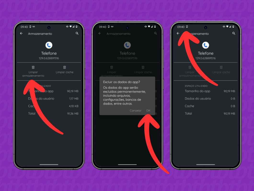 Capturas de tela do celular Motorola mostram como limpar os dados do aplicativo "Telefone" e parar de exibir a notificação de correio de voz