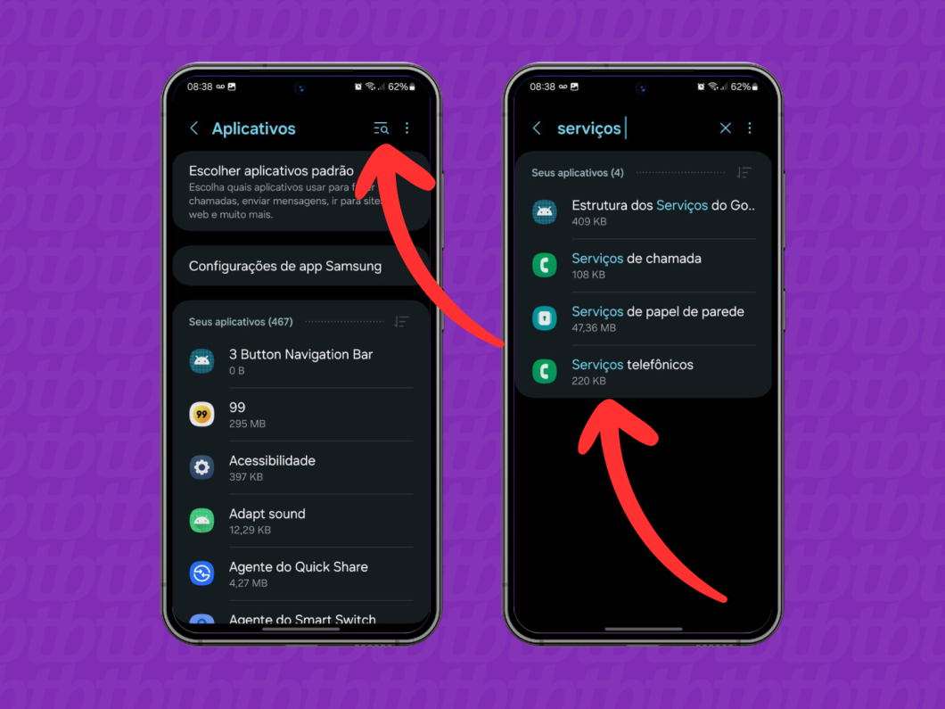 Capturas de tela do celular Samsung mostram acessar o aplicativo "Serviços telefônicos"