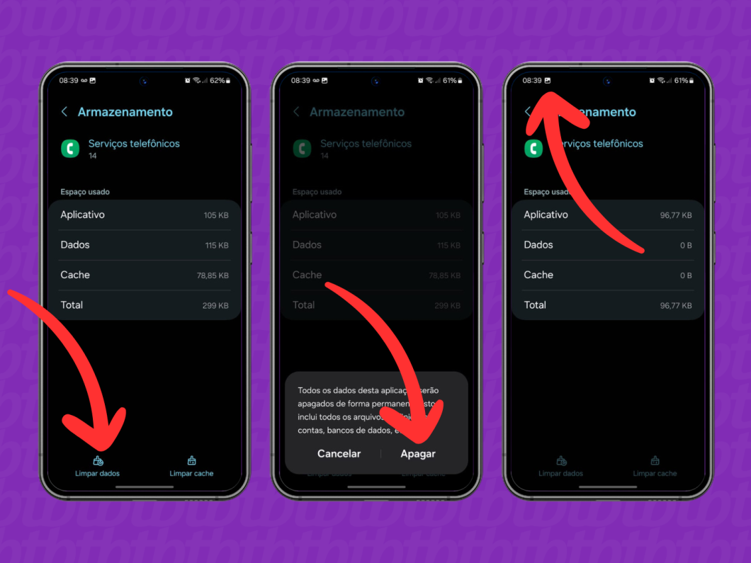 Capturas de tela do celular Samsung mostram limpar os dados do aplicativo "Serviços telefônicos" e parar de exibir a notificação de correio de voz
