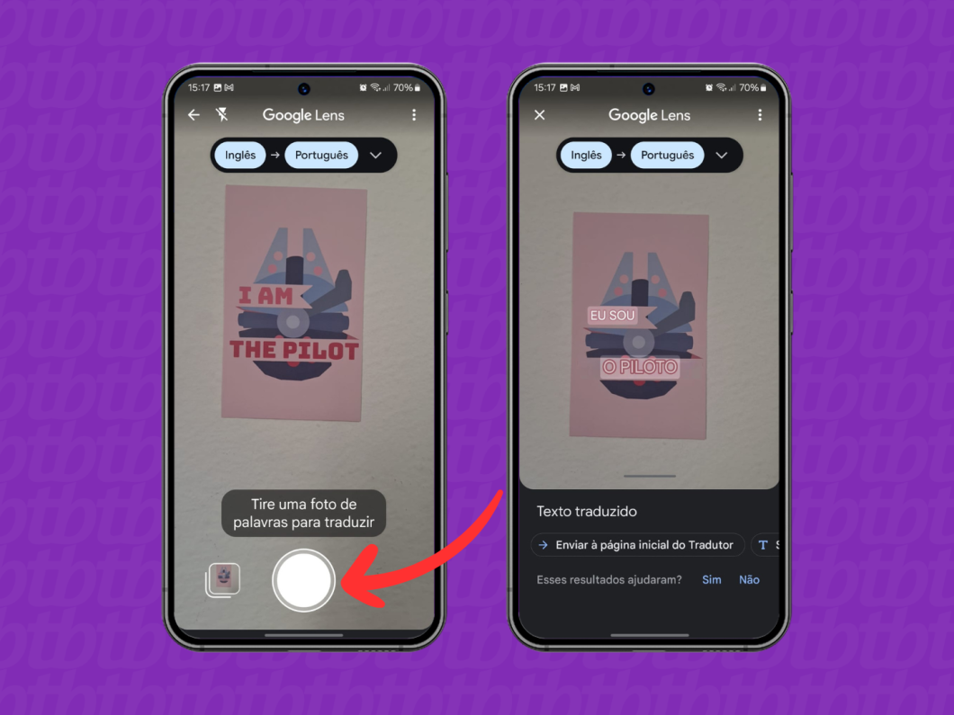 Capturas de tela do aplicativo Google Tradutor mostram como tirar uma foto e acessar mais opções ao traduzir uma imagem