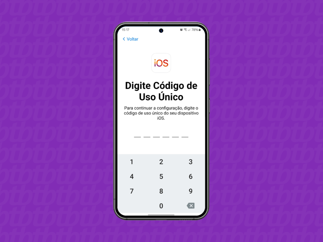 Captura de tela do aplicativo Migrar para iOS mostra como digitar o código único para a transferência de arquivos