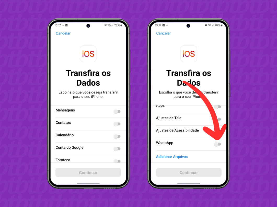 Capturas de tela do aplicativo Migrar para iOS mostra selecionar o WhatsApp para a transferência de dados