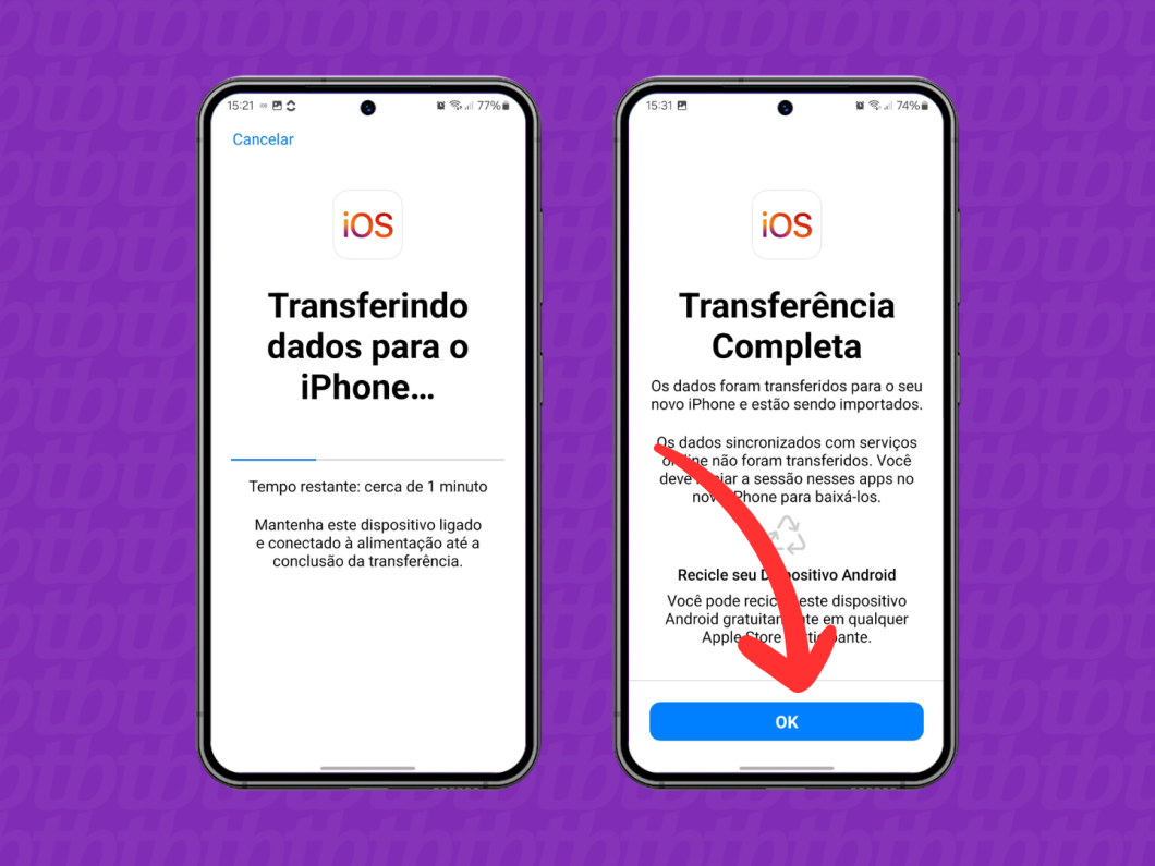 Capturas de tela do aplicativo Migrar para o iOS mostra finalizar a transferência das conversas do WhatsApp