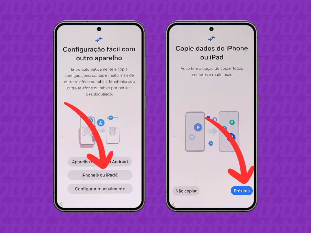 Capturas de tela das páginas de configuração do Android mostram como selecione o iPhone para copiar dados