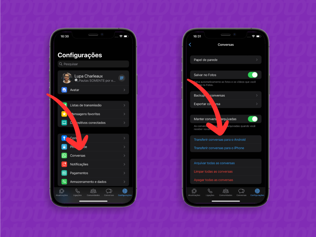 Capturas de tela do WhatsApp no iOS mostram como acessar a opção "Transferir conversas para o Android"