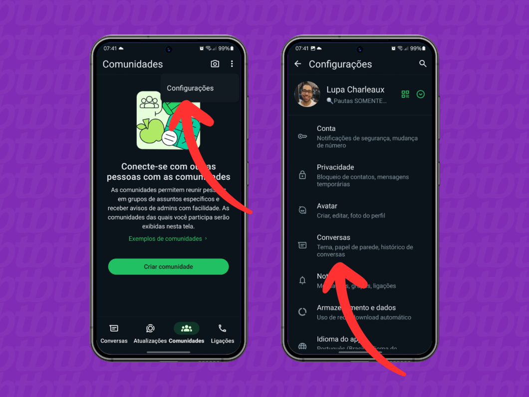 Capturas de tela do WhatsApp no Android mostram como acessar a opção "Conversas"