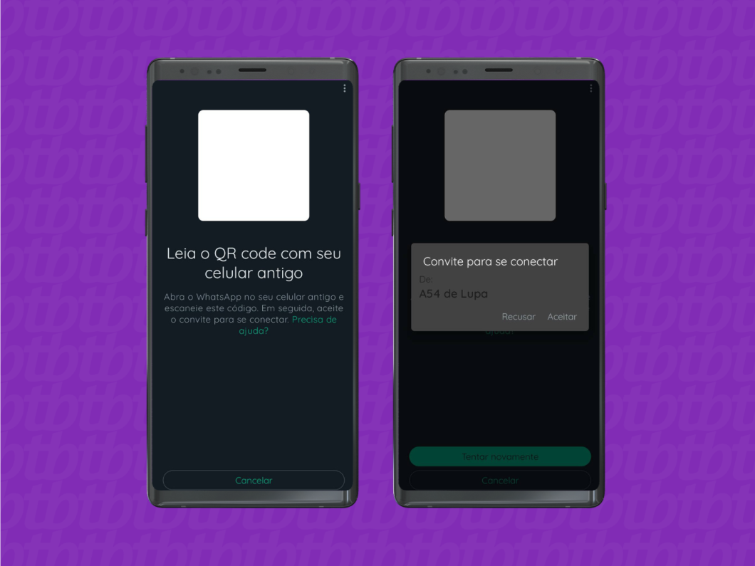 Capturas de tela do WhatsApp no Android mostra como escanear o QR Code e iniciar a transferência das conversas do dispositivo antigo