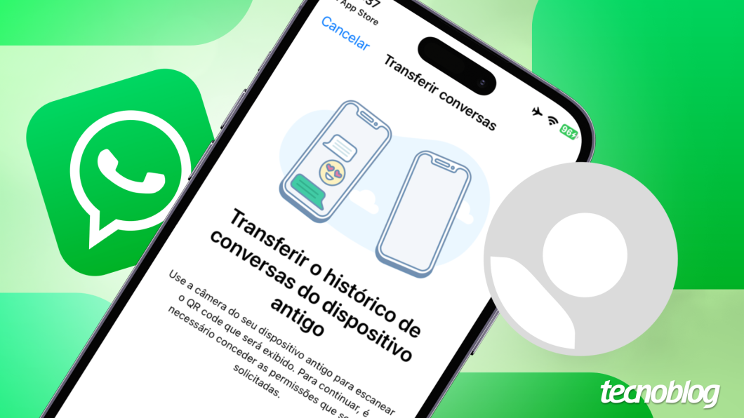 Ilustração mostram a tela do WhatsApp com a informação "Transferir o histórico de conversas do dispositivo antigo"