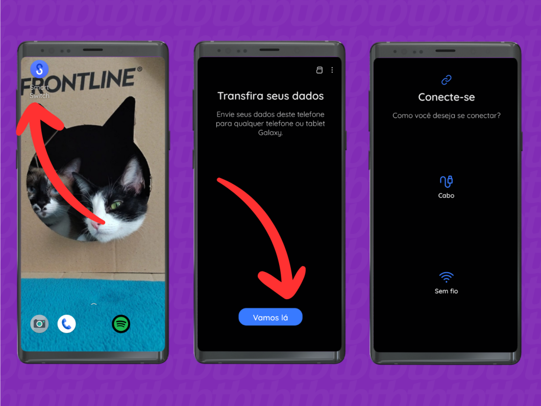 Capturas de tela do aplicativo Smart Switch mostram como transferir os dados para um celular Samsung Galaxy