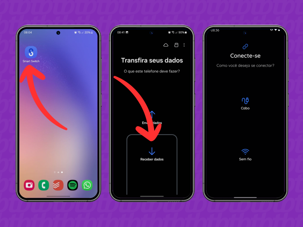 Capturas de tela do aplicativo Smart Switch mostram como receber os dados de outro celular