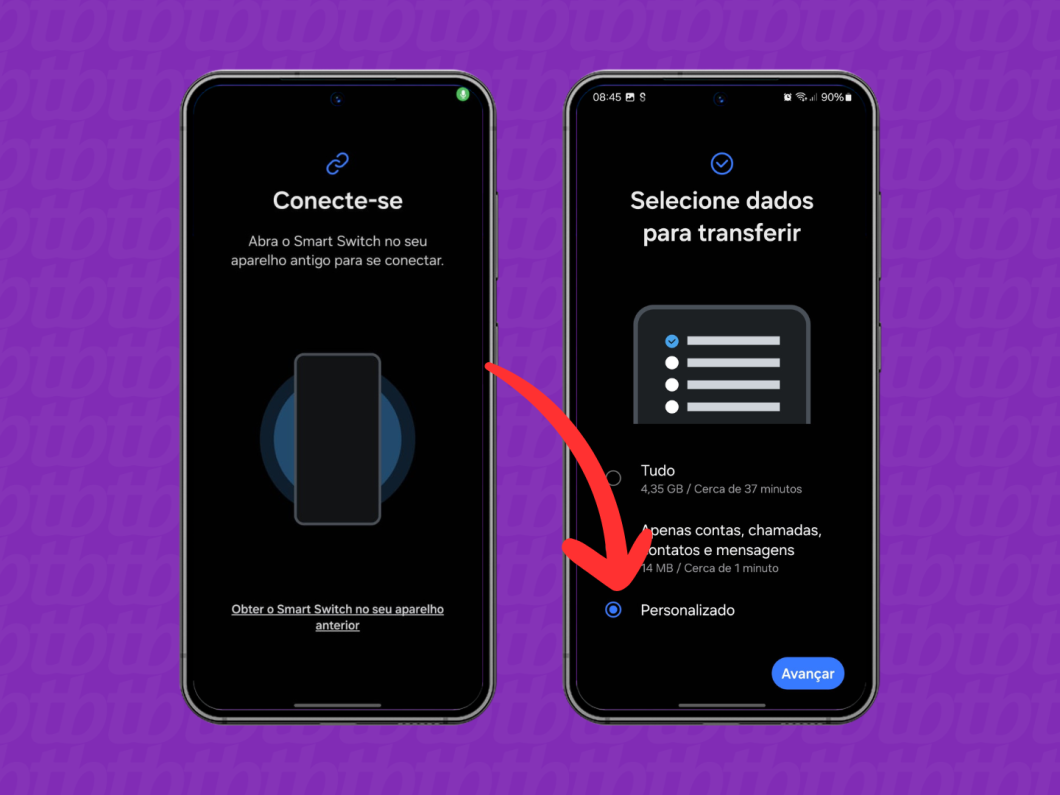 Capturas de tela do aplicativo Smart Switch mostram selecionar a opção "Personalizado"