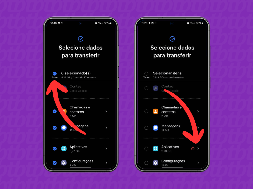 Capturas de tela do aplicativo Smart Switch mostram selecionar a opção "Aplicativos"