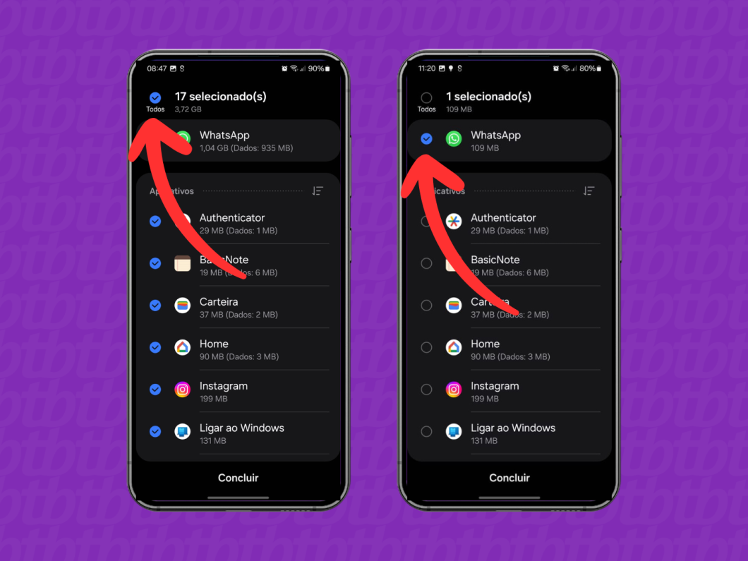 Capturas de tela do aplicativo Smart Switch mostram selecionar apenas os dados do WhatsApp