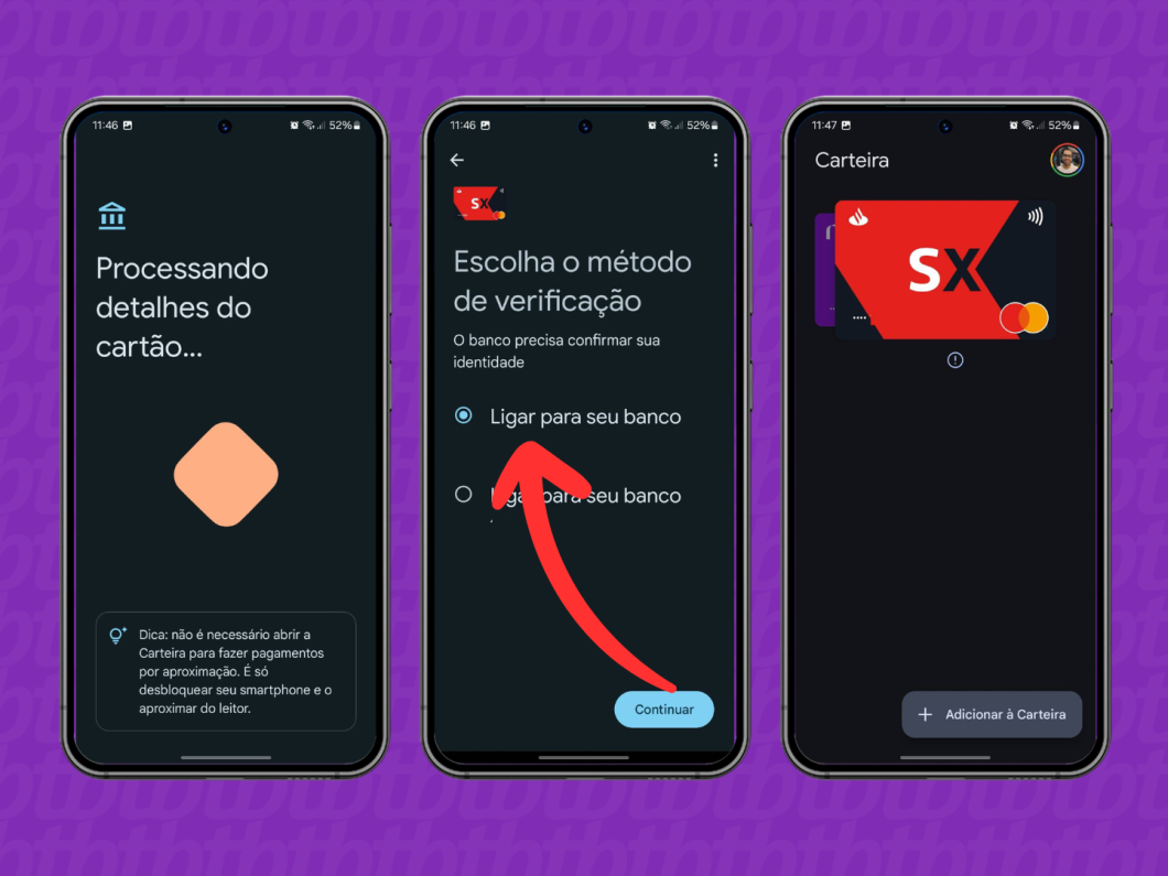 Capturas de tela do aplicativo Carteira do Google mostram como realizar a verificação do cartão