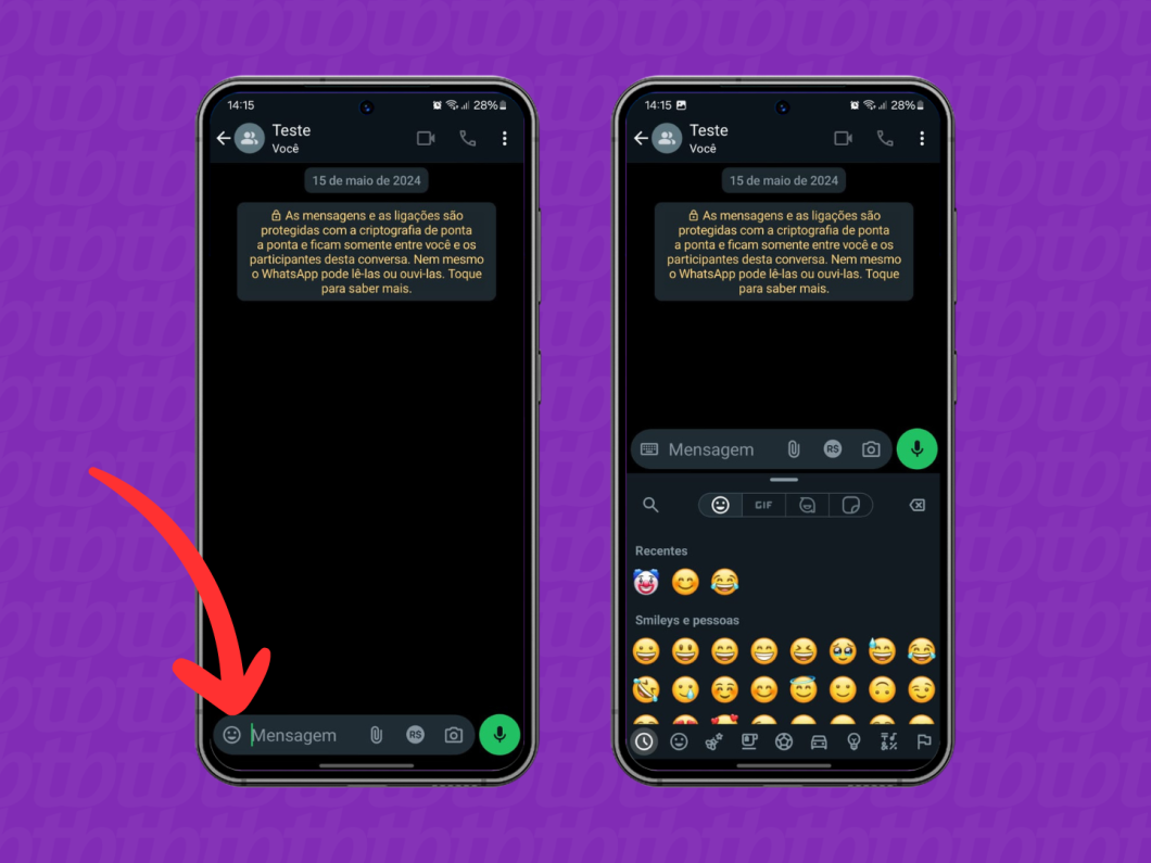 Capturas de tela do WhatsApp no Android mostram como acessar o menu de Emojis