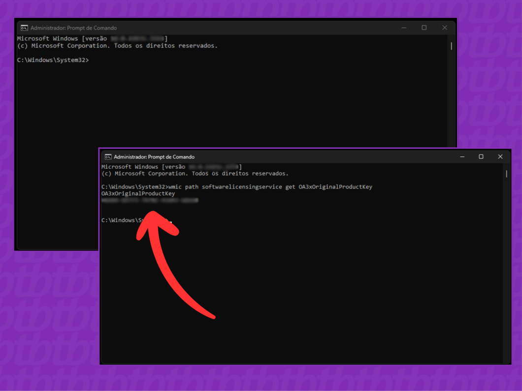 Capturas da tela do Prompt de Comando do Windows 11 mostram como descobrir a chave de ativação