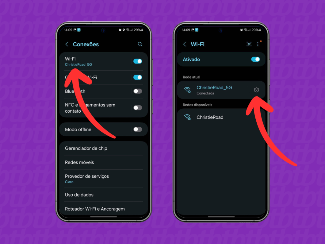 Capturas de tela do Android mostram como acessar as opções da rede Wi-Fi conectada ao dispositivo