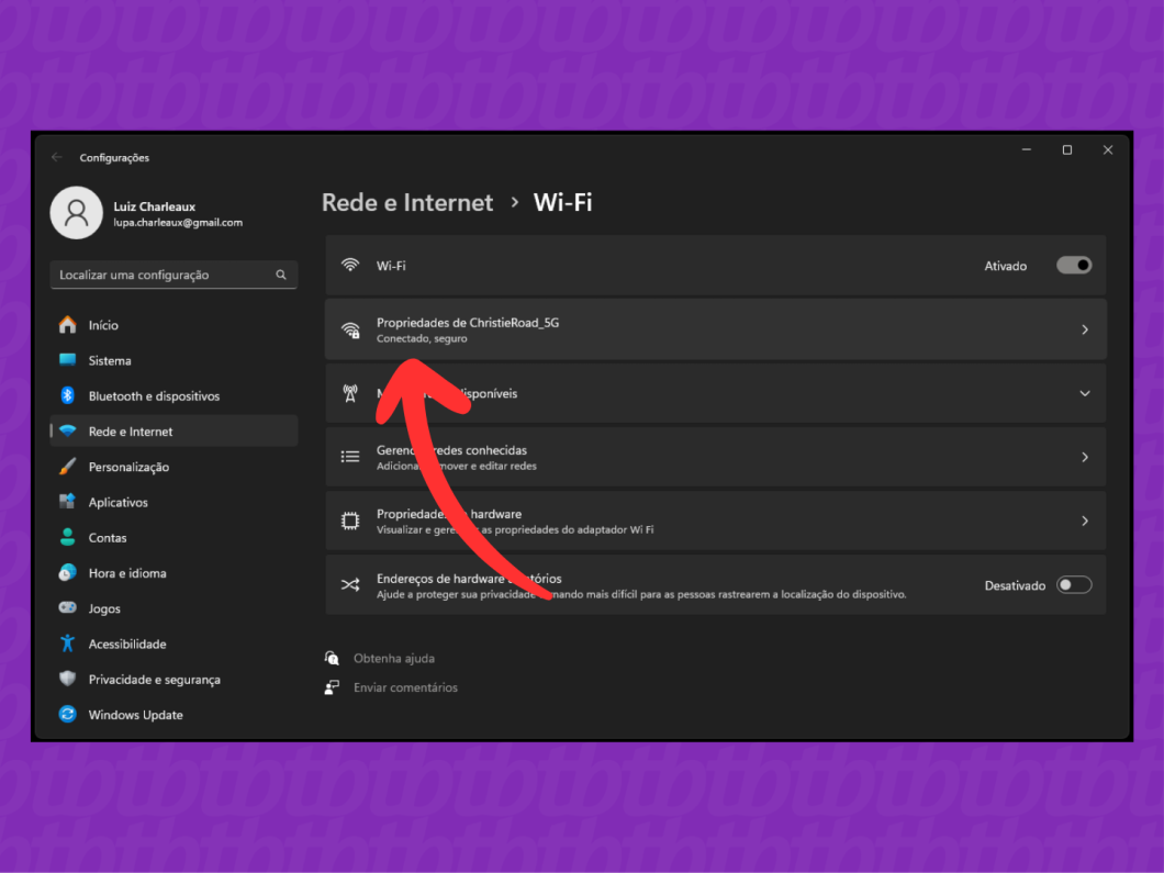 Captura de tela do Windows 11 mostra como acessar as propriedades da rede Wi-Fi conectada ao PC