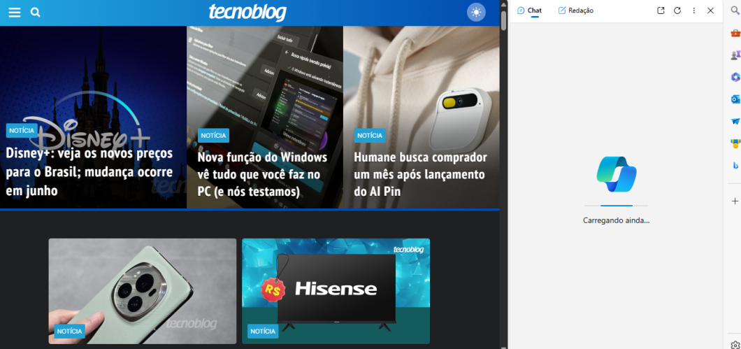 Print do navegador Edge mostrando a tela inicial do Tecnoblog e o Copilot em uma barra lateral na direita. O Copilot está em uma tela de carregamento e não sai disso.