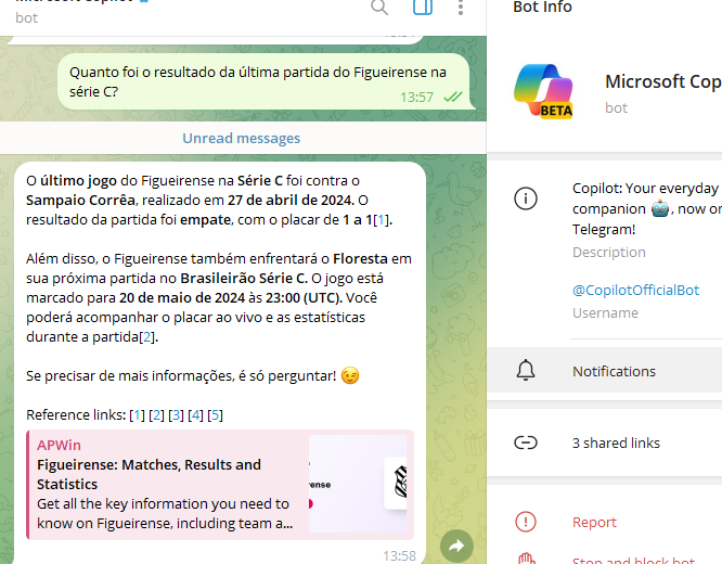 Assim como a versão Web, o Copilot para Telegram também tem problemas de identificar eventos recentes (Imagem: Reprodução/Tecnoblog)