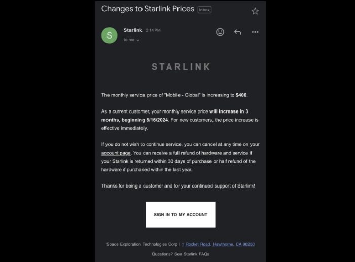 E-mail com aviso de reajuste do plano de roaming global da Starlink (imagem: PCMag/Reddit/hillz9)
