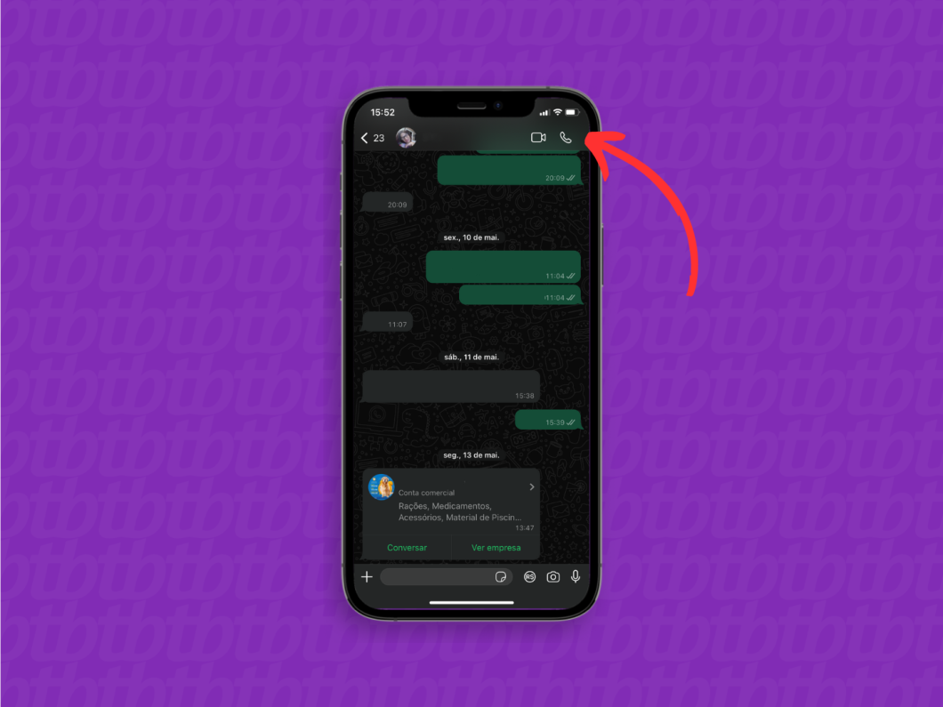 Captura de tela indica posição dos ícones de câmera e telefone na conversa do WhatsApp 