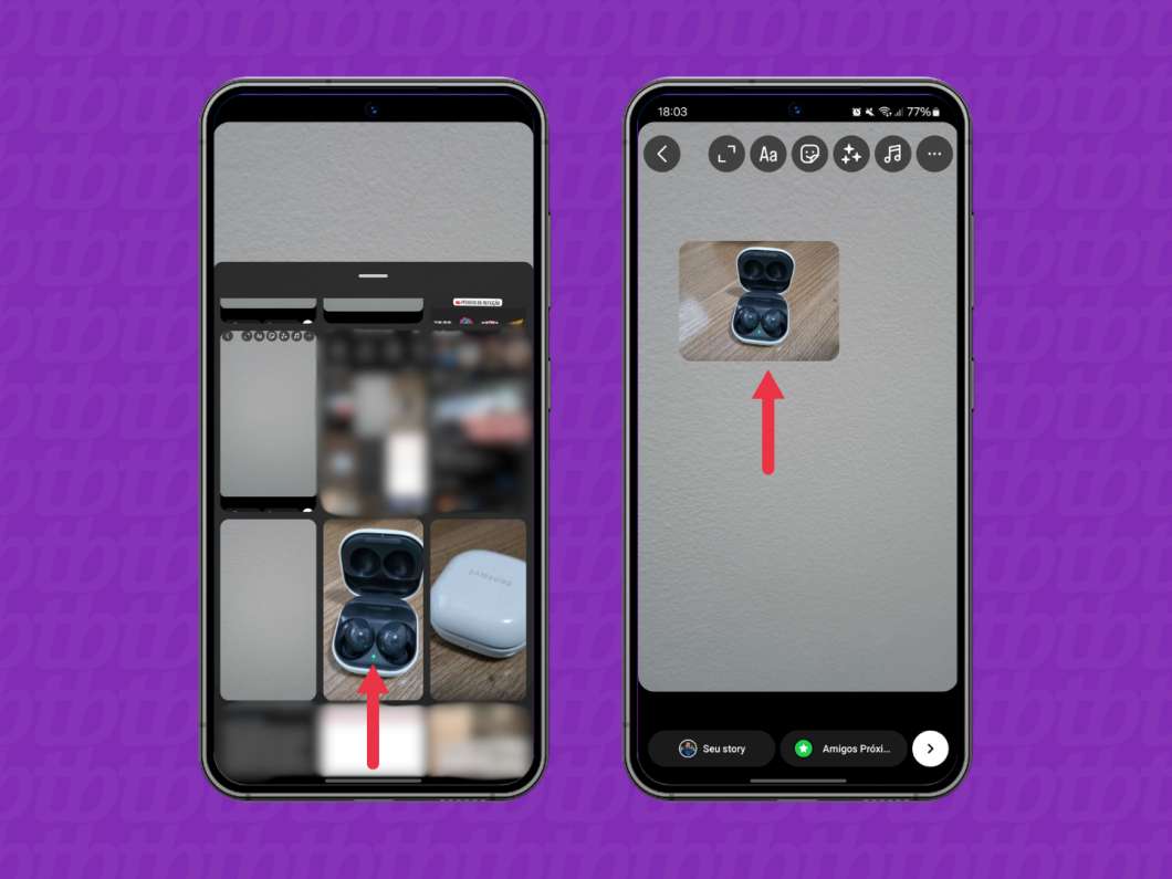 Captura de tela do aplicativo Instagram na tela de seleção de fotos com seta vermelha indicando uma foto para ser adicionada como uma figurinha em um story