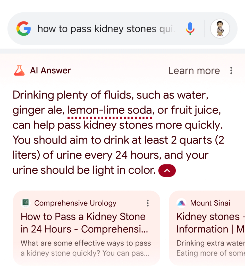 Snippet de IA do Google sugere ao usuário beber urina (Imagem: Reprodução/SE Roundtable)