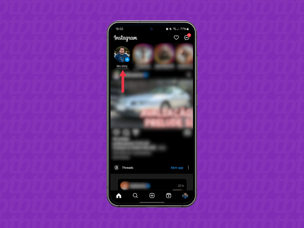 Captura de tela do aplicativo Instagram com seta indicando botão de ícone de perfil com botão "Mais"