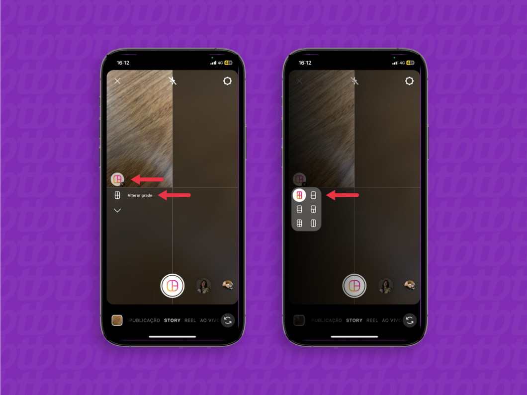 Captura de tela do aplicativo Instagram com seta indicando botão "Disposição" e "Alterar grade"