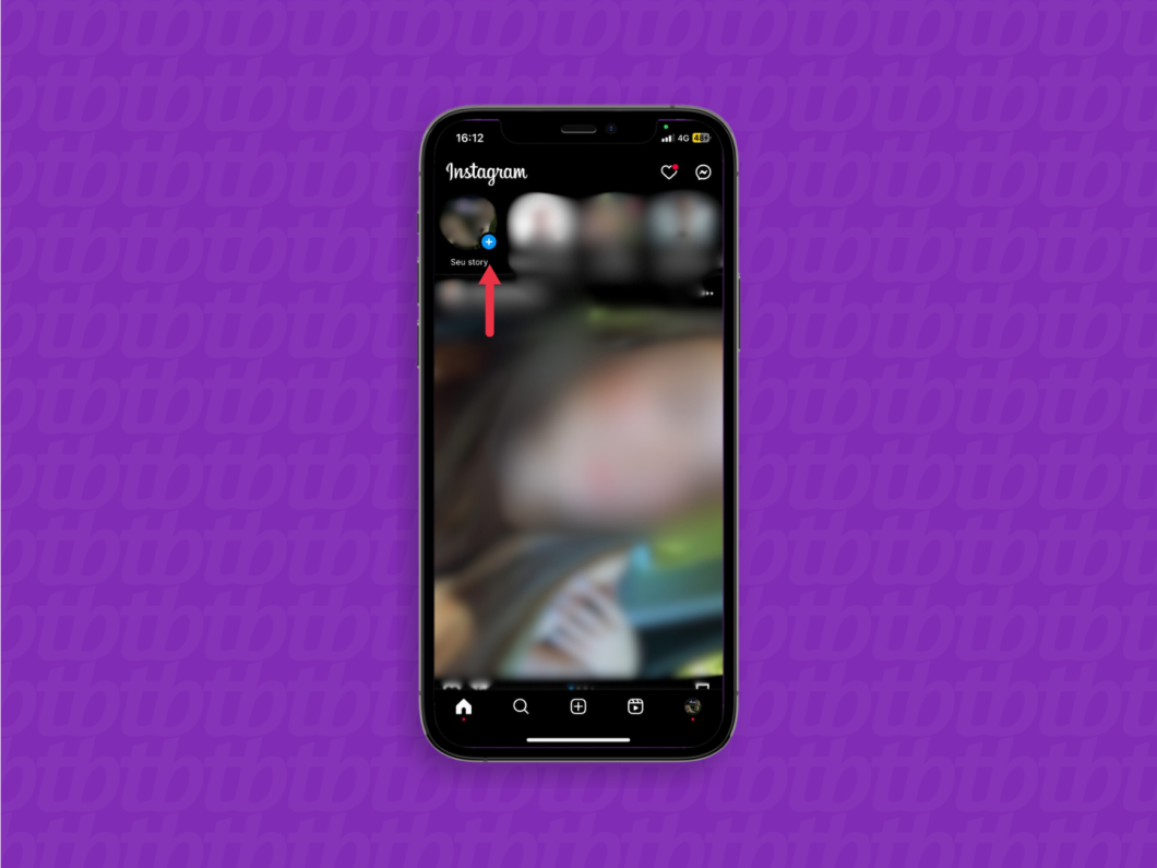 Captura de tela do aplicativo Instagram com seta indicando botão de ícone de perfil com botão "Mais" 