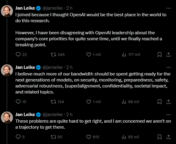 Jan Leike relata que discordava das lideranças da OpenAI e que não via a empresa no caminho certo para IAs seguras (Imagem: Reprodução/X/Twitter)