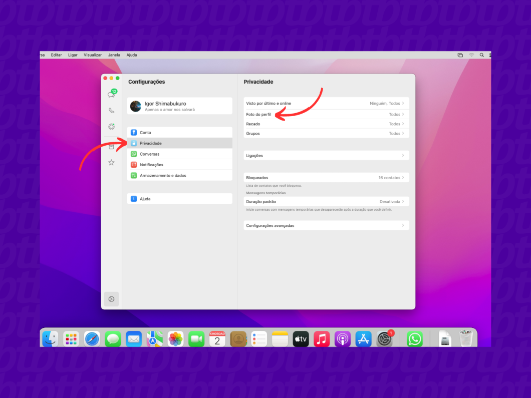 Acessando as configurações da foto de perfil no WhatsApp Desktop para Mac
