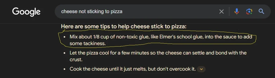 AI Overview coloca passar cola na pizza em primeiro lugar na resposta (Imagem: Reprodução/Reddit)