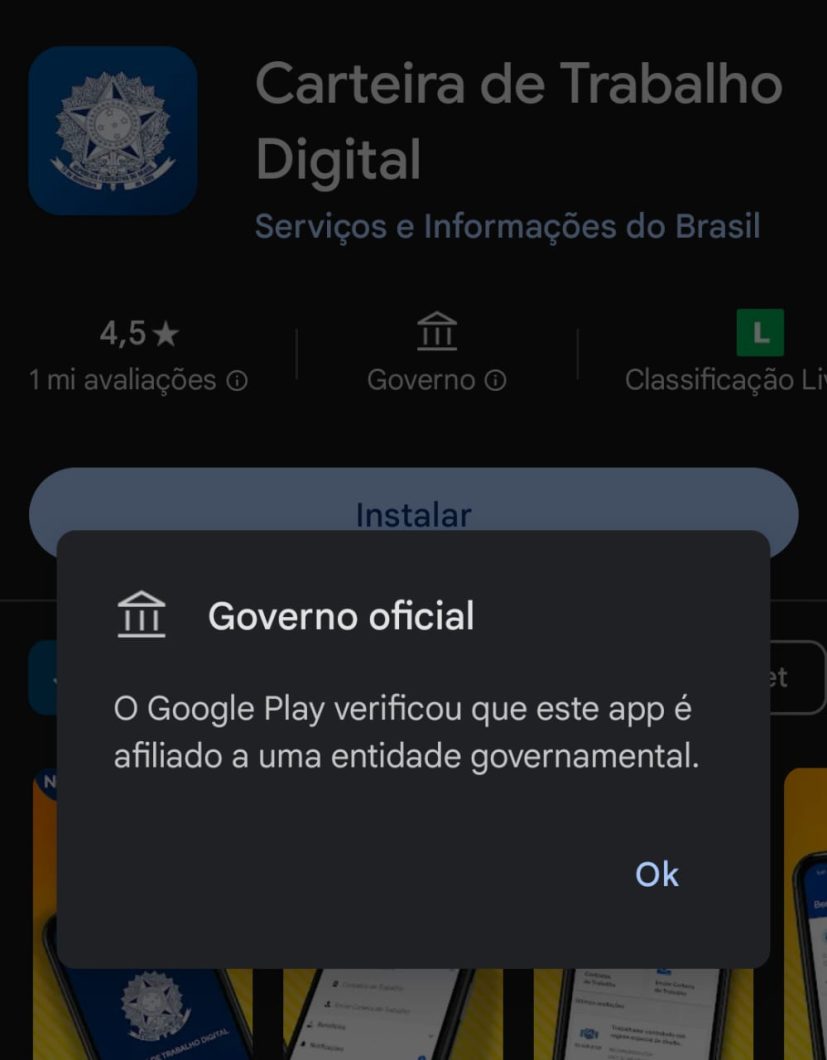 Selo que identifica app governamental na Google Play Store, com o texto "Governo oficial: O Google Play verificou que este app é afiliado a uma entidade governamental"