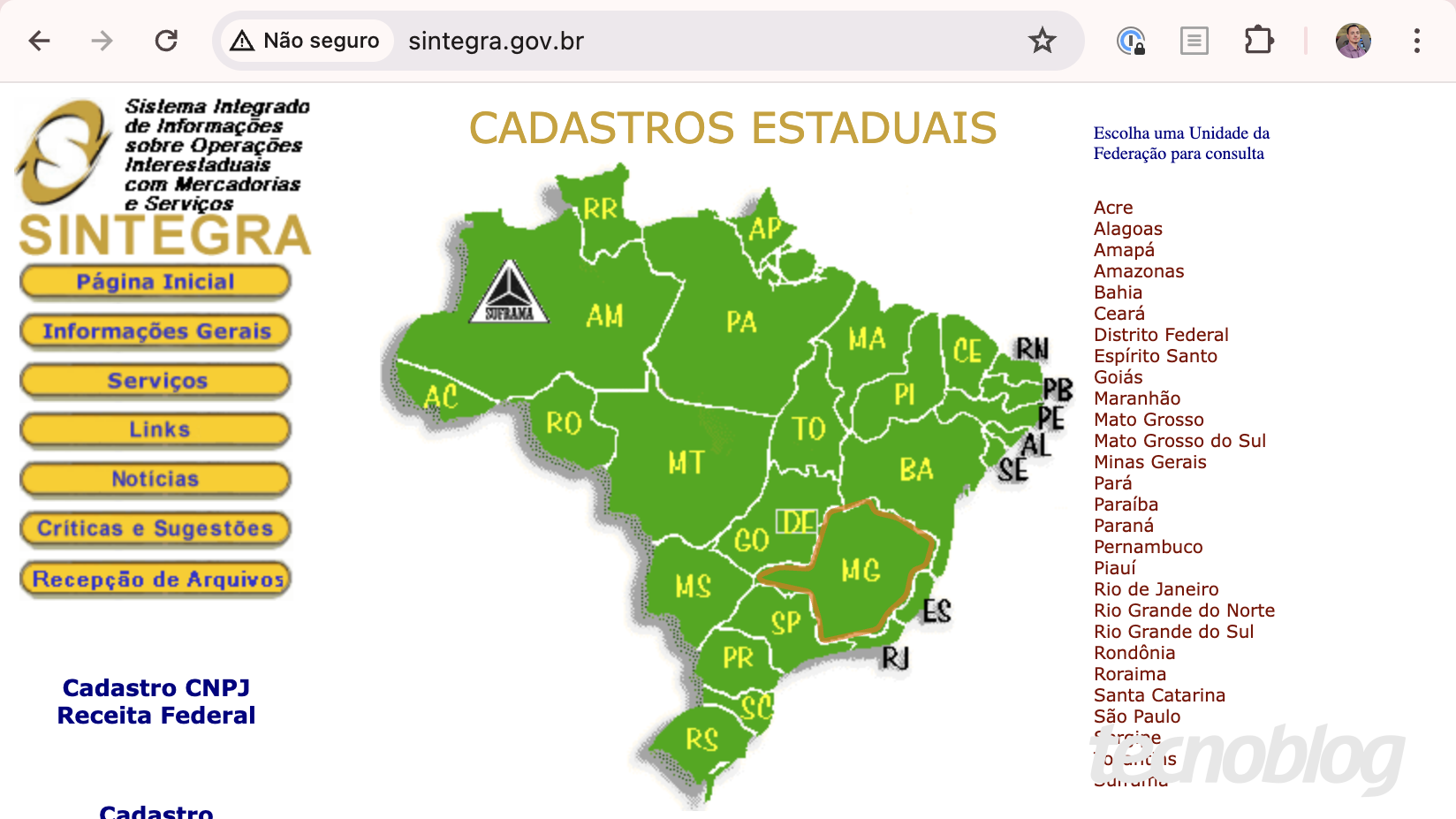 Print do site do Sintegra com o mapa do Brasil