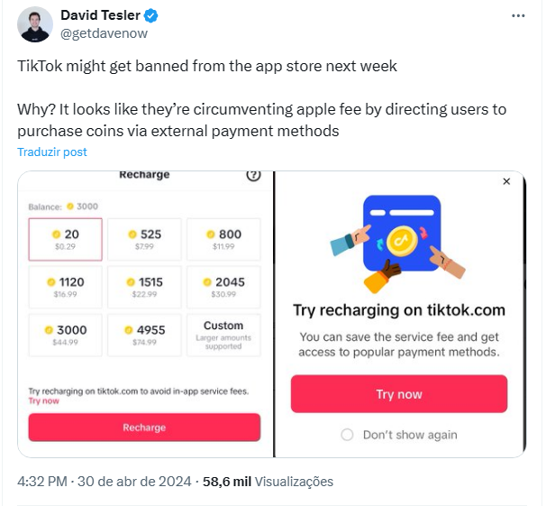 TikTok mostra aos usuários que (Imagem: David Tesler/X/Twitter)