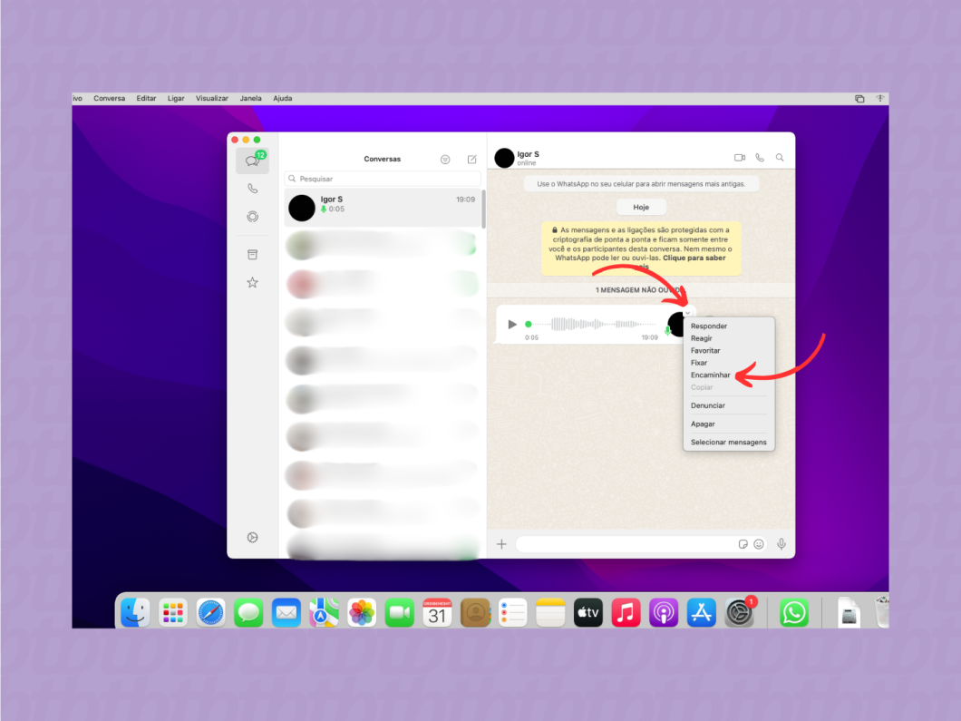 Usando o recurso "Encaminhar" em um áudio do WhatsApp no macOS