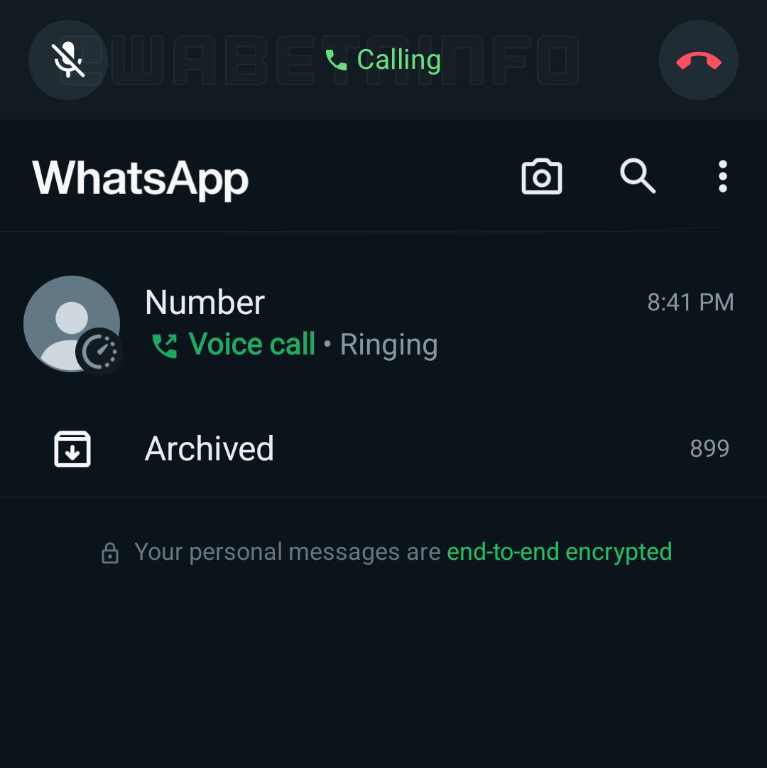Barra de ligação do WhatsApp, com botão de microfone com um risco e botão de telefone em vermelho