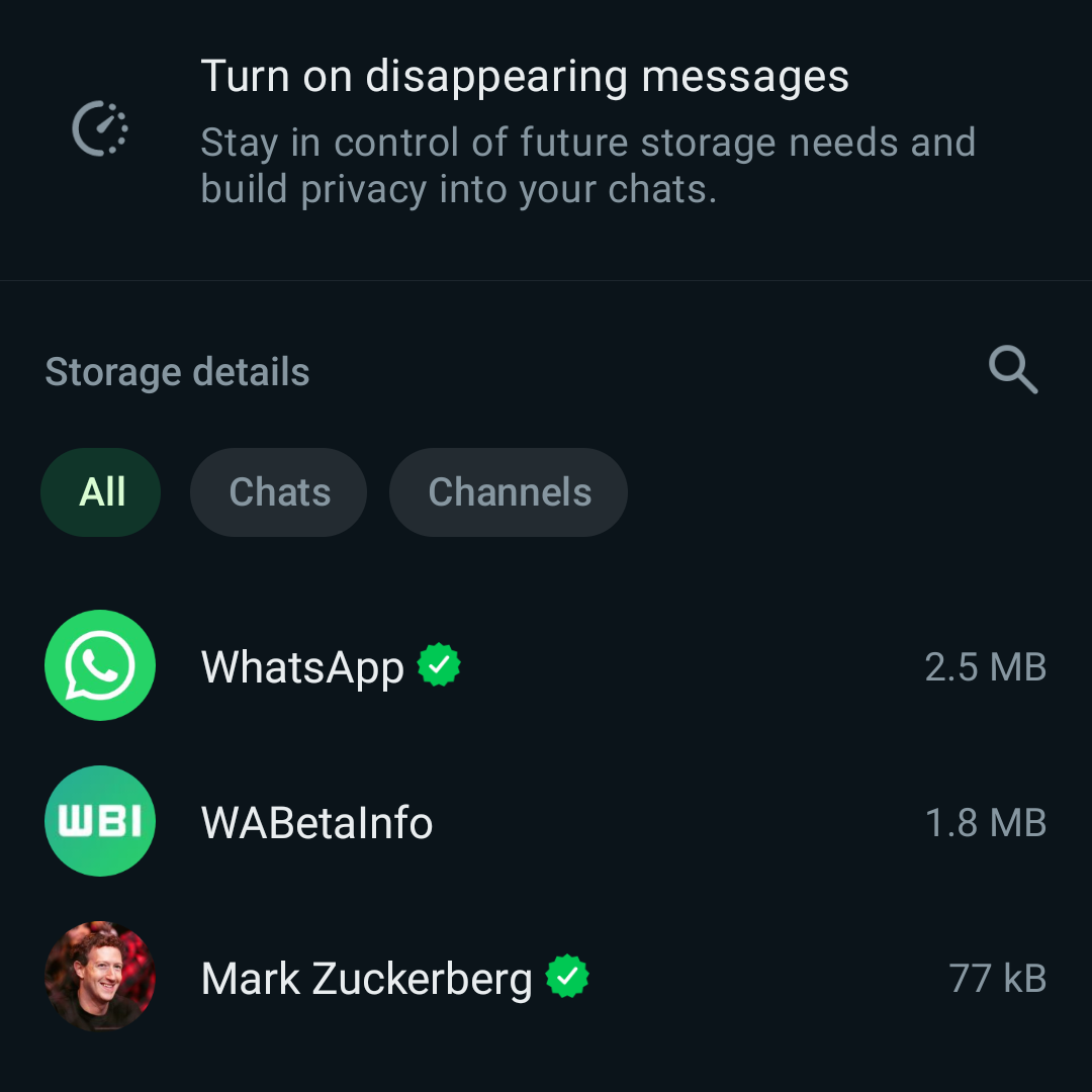 Área para gerenciar armazenamento do WhatsApp com filtros para tudo, conversas e canais