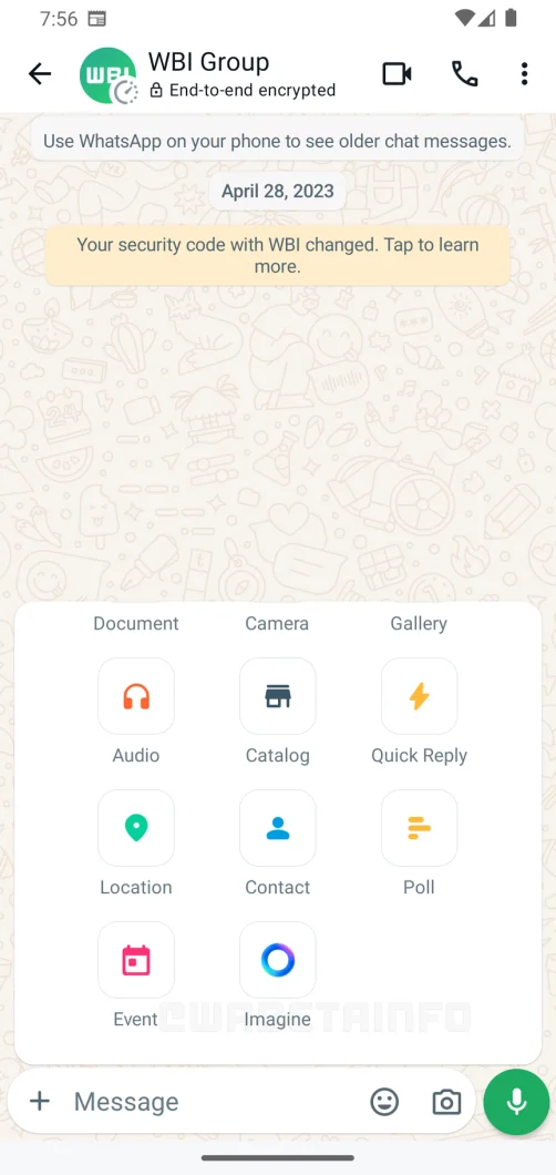 WhatsApp screen with an Imagine button among attachment options