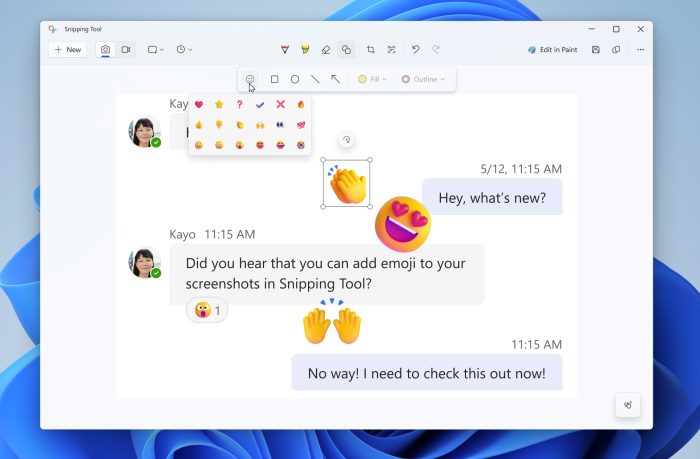 Emojis na Ferramenta de Captura do Windows 11 (imagem: divulgação/Microsoft)