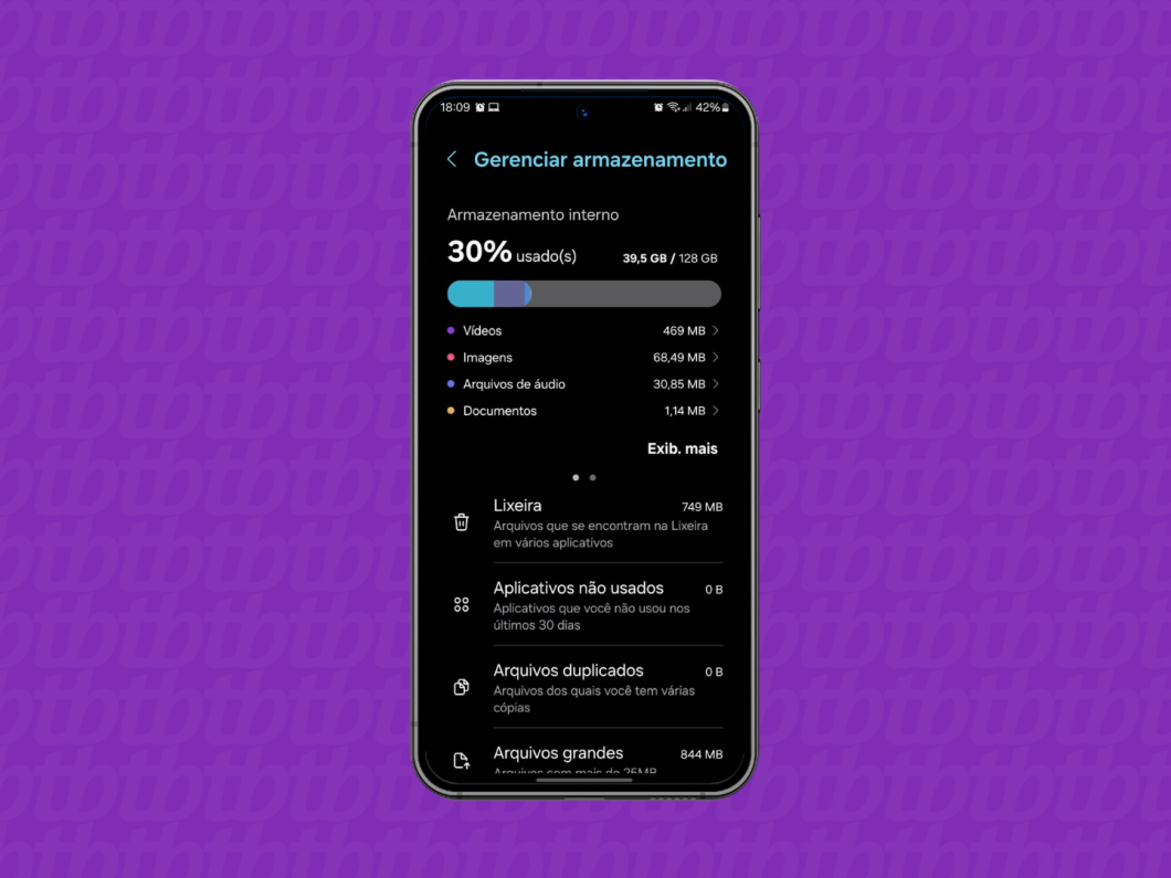 Captura de tela do celular Samsung exibe a tela de gerenciamento de armazenamento interno