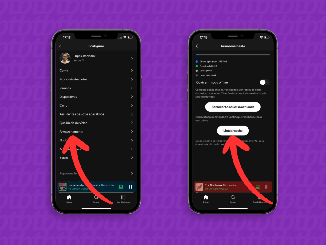 Capturas de tela do aplicativo Spotify mostram como limpar o cache no iPhone