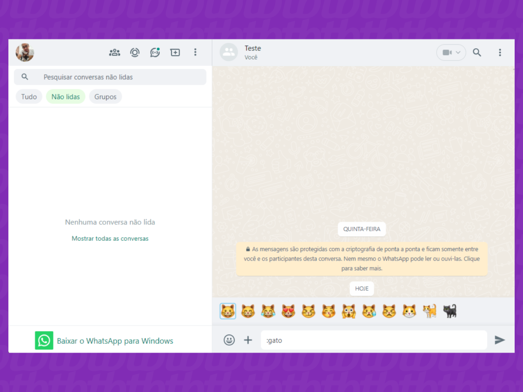 Captura de tela do site WhatsApp Web mostra o atalho para usar emojis nas conversas