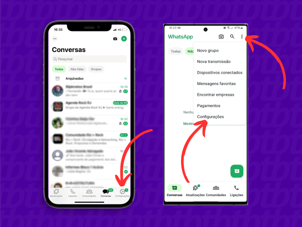 Captura de tela mostra como acessar o menu de configurações do WhatsApp pelo iPhone ou Android