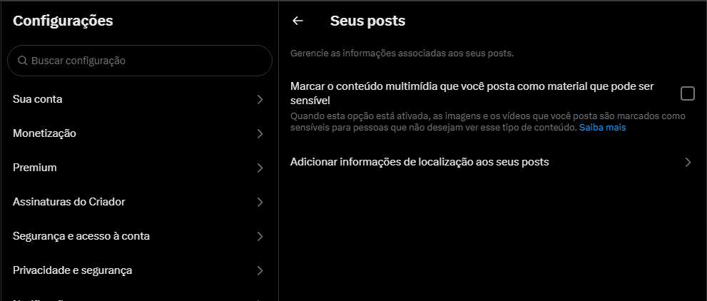 X recomenda que criadores de conteúdo pornô ajustem as configurações de mídia para ativar automaticamente o borrão nas imagens e vídeos (Imagem: Reprodução/Tecnoblog)